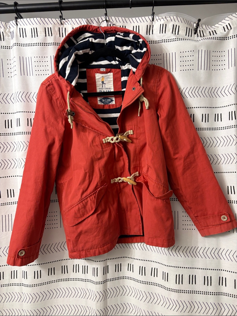 Seasalt Cornwall Hooded Toggle Raincoat with Striped Lining